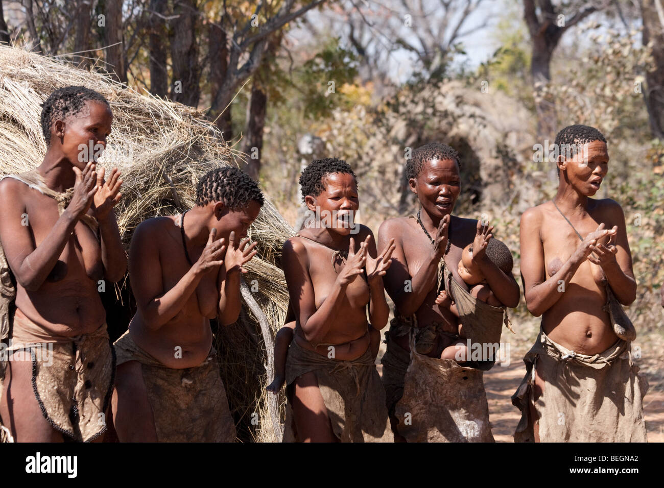 San Village. The trance or healing dance. Through this dance the community bond and are healed by their Healers. Stock Photo