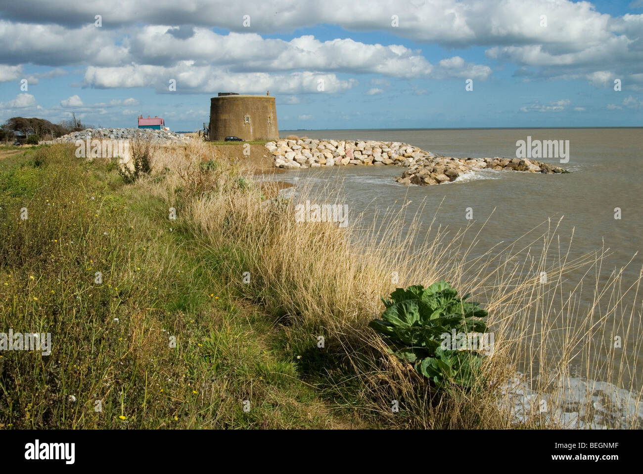 Landscape view of Bawdsey Martello tower with Y shaped groyne for erosion defence Stock Photo