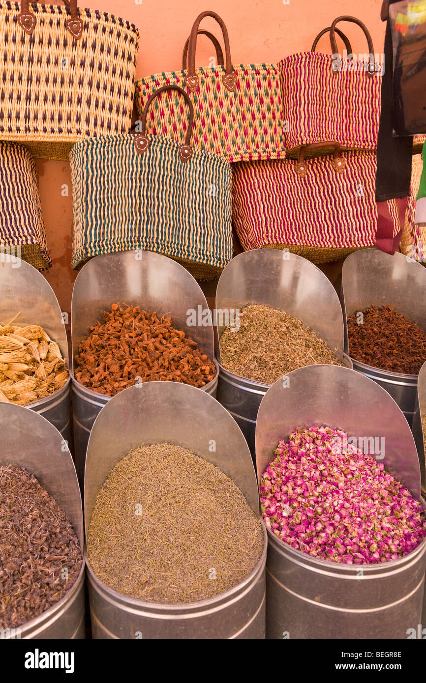 Spices and woven baskets for sale Marrakech Morocco Stock Photo Alamy