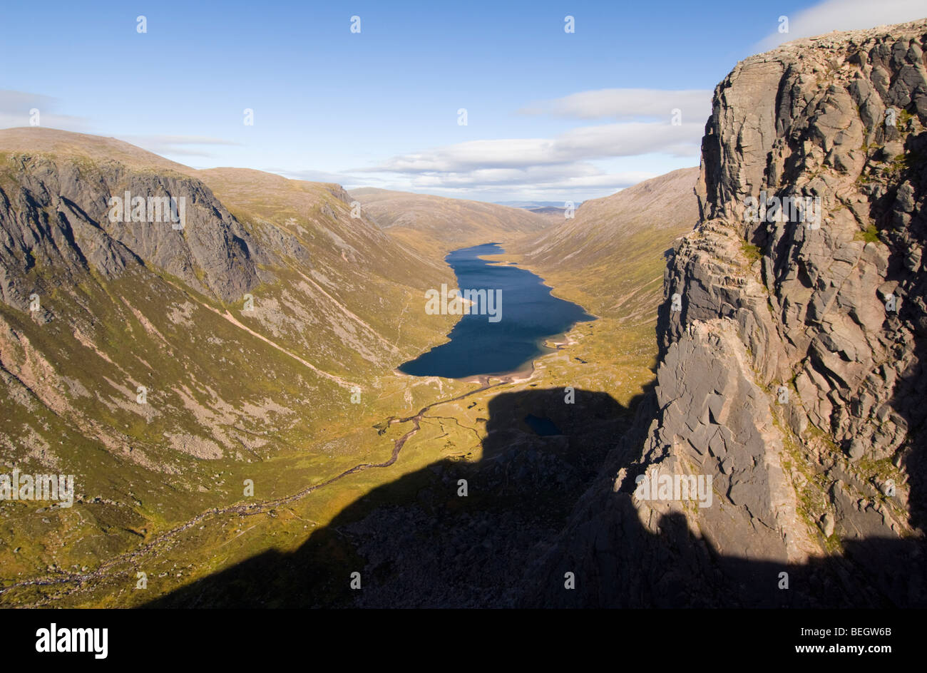 Glaciated valley and lake, Cairngorms. Looking east down to Glen Avon