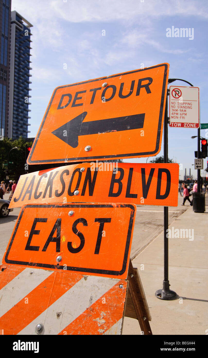 Road construction signs in Chicago, Illinois, USA Stock