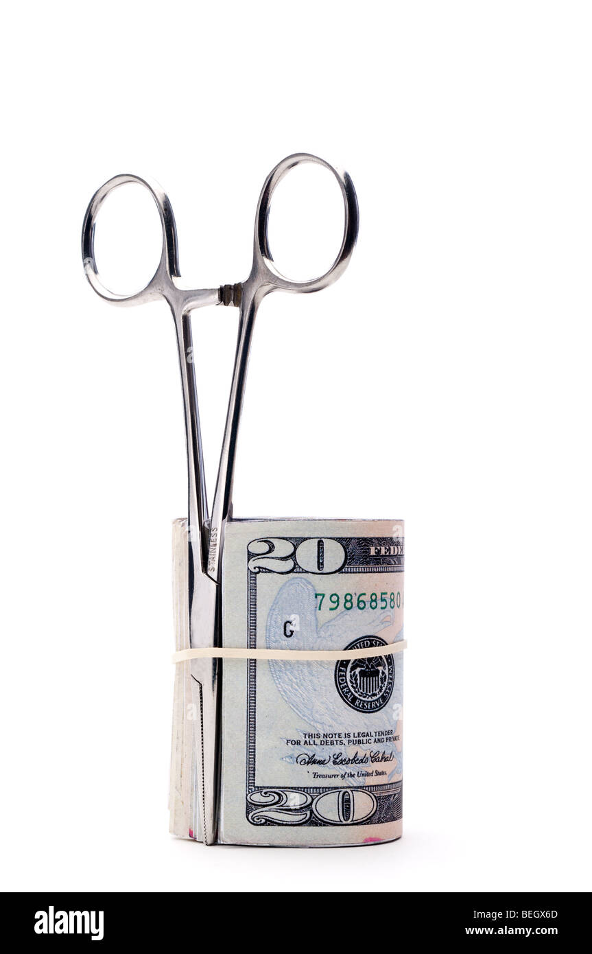 Roll of American money and forceps - health insurance debate Stock Photo