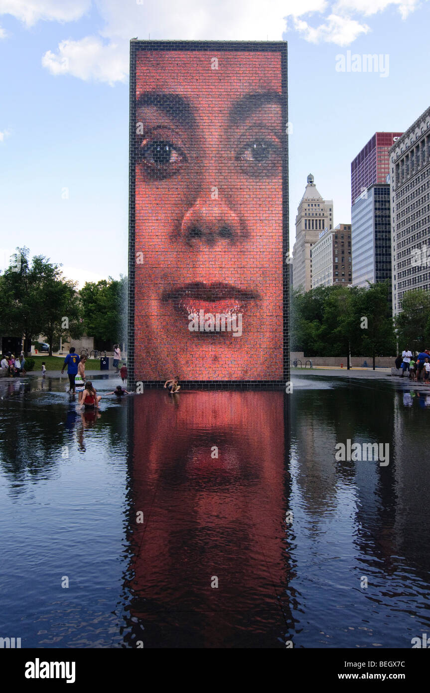 Crown Fountain by Jaume Plensa in Millennium Park, Chicago, USA.  Now an iconic attraction in both summer and winter. Stock Photo