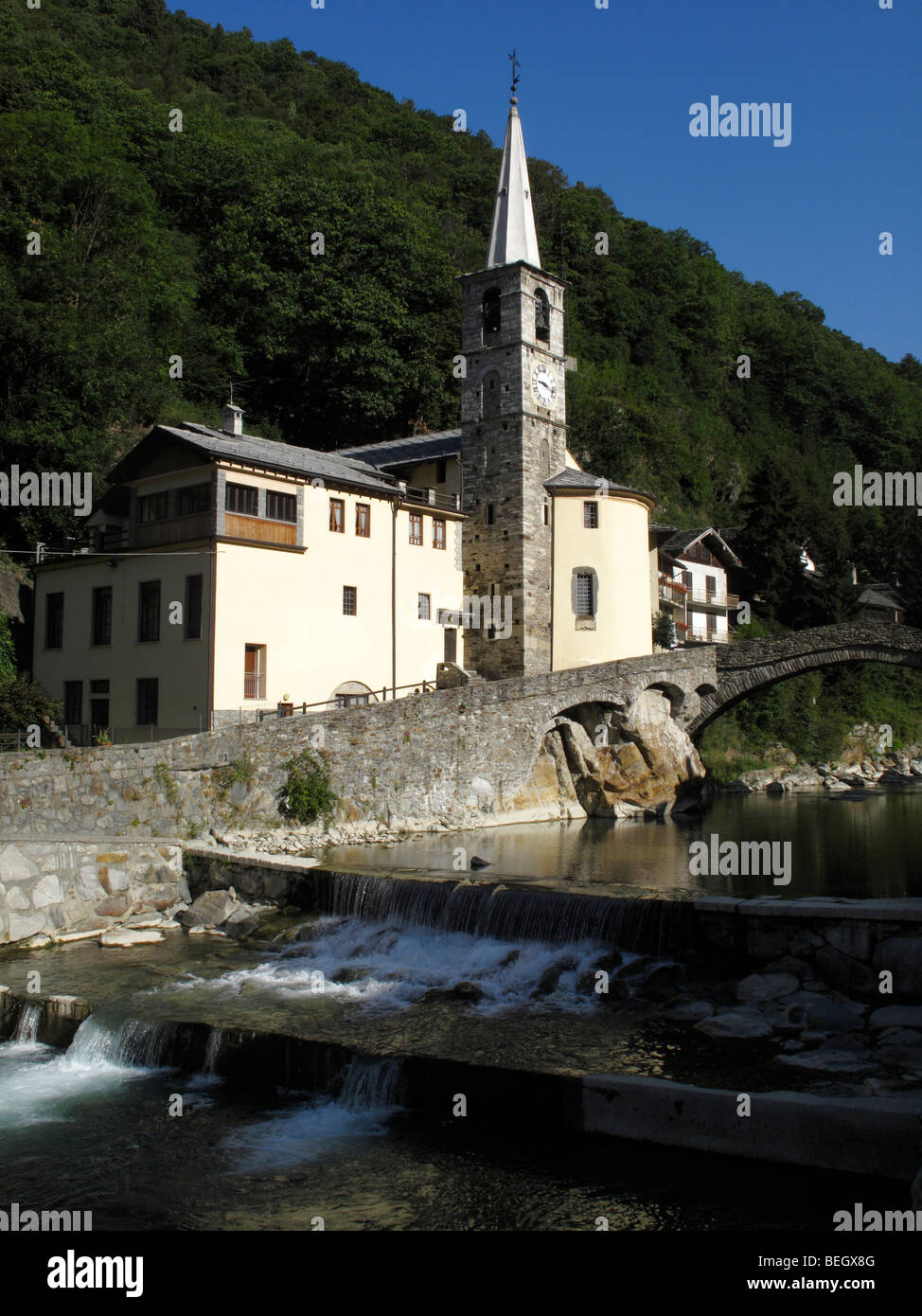 The church in the Comune de Fontainemore in the Italian Alps Stock Photo