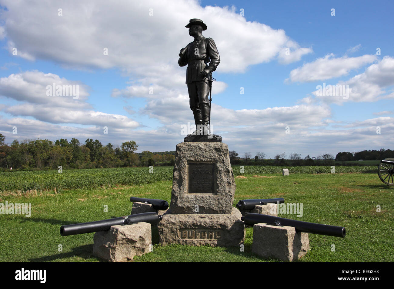 Monument to Major General John Buford, Commander of the Union Army's 1st Cavalry Corps of the Army of the Potomac. Gettysburg Stock Photo