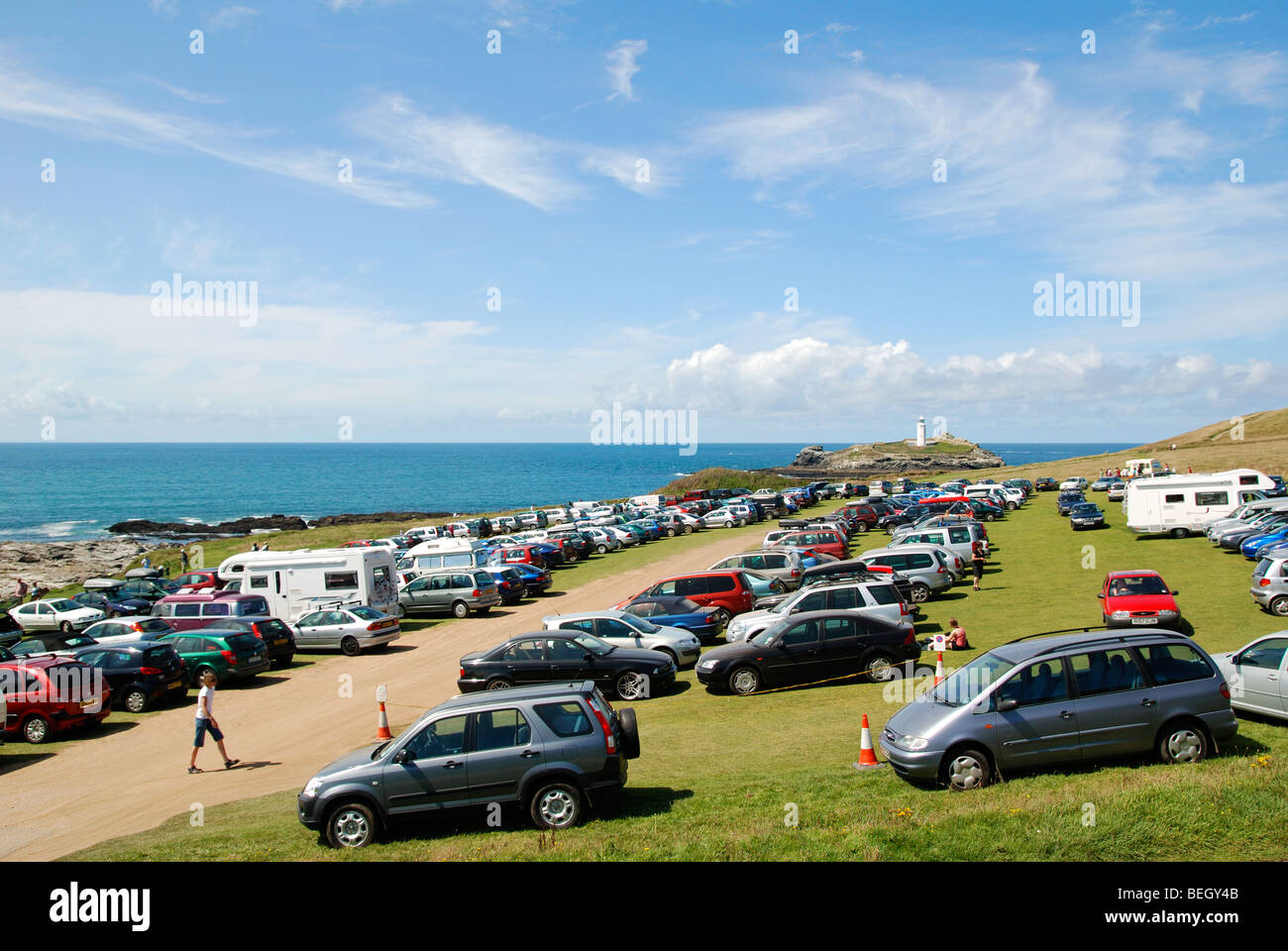 the car park overlooking the beach at godrevy near hayle in cornwall