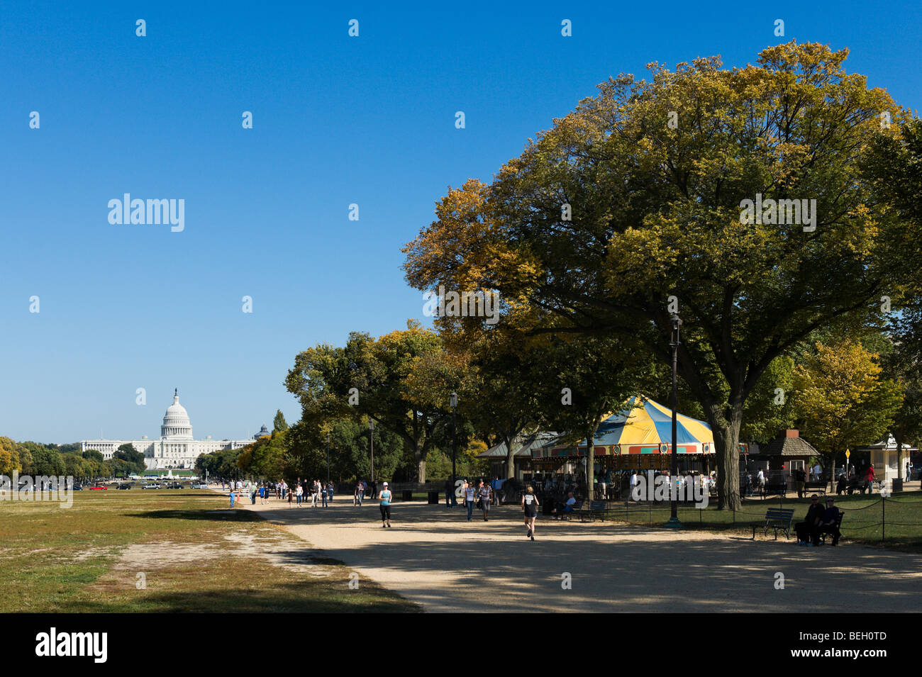 The National Mall with the Capitol Building in the distance on a sunny autumn day, Washington DC, USA Stock Photo