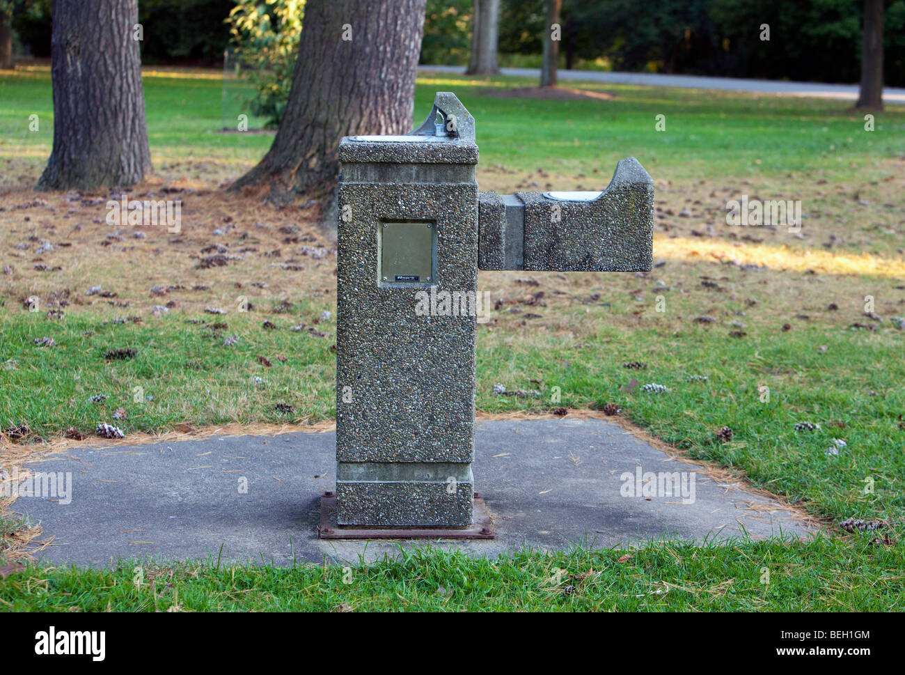 A drinking water fountain on a concrete slab. Two level drinking