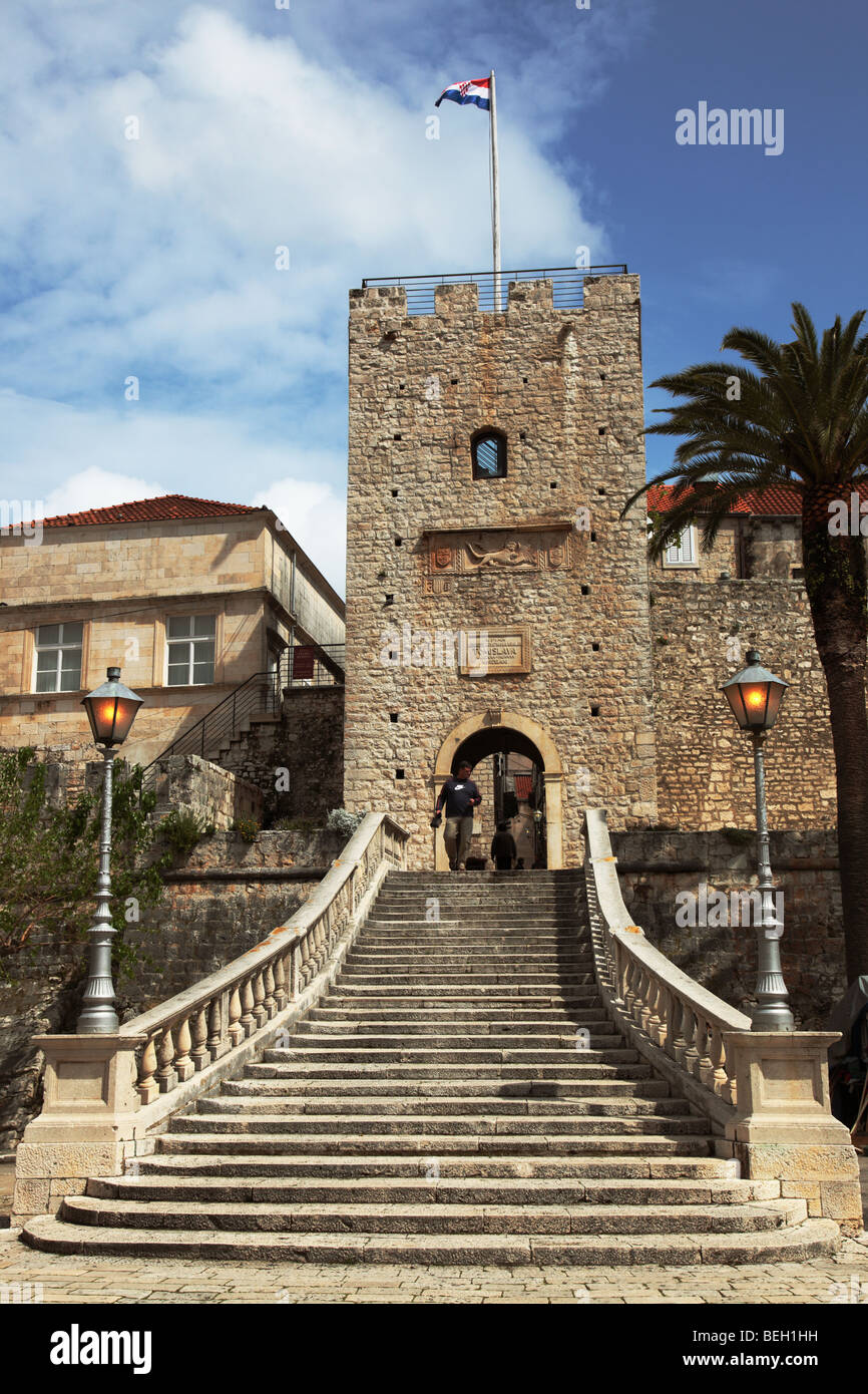 Steps leading to Veliki Revelin Tower gate, Korcula, Croatia Stock Photo