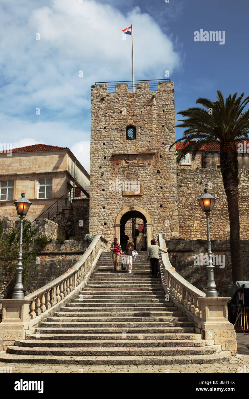 Steps leading to Veliki Revelin Tower gate, Korcula, Croatia Stock Photo