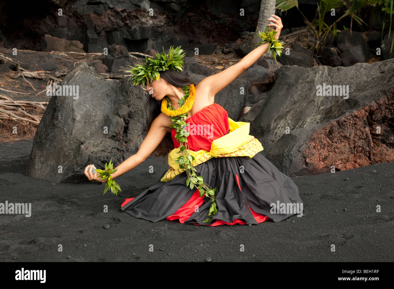 Young Hawaiian woman wearing traditional hula attire. Stock Photo