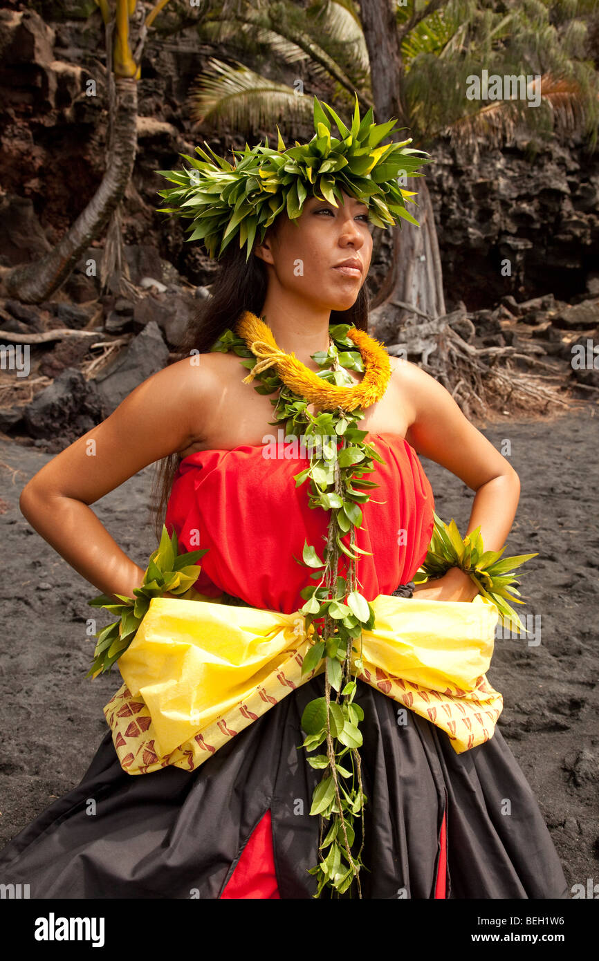 Young Hawaiian woman wearing traditional hula attire. Stock Photo