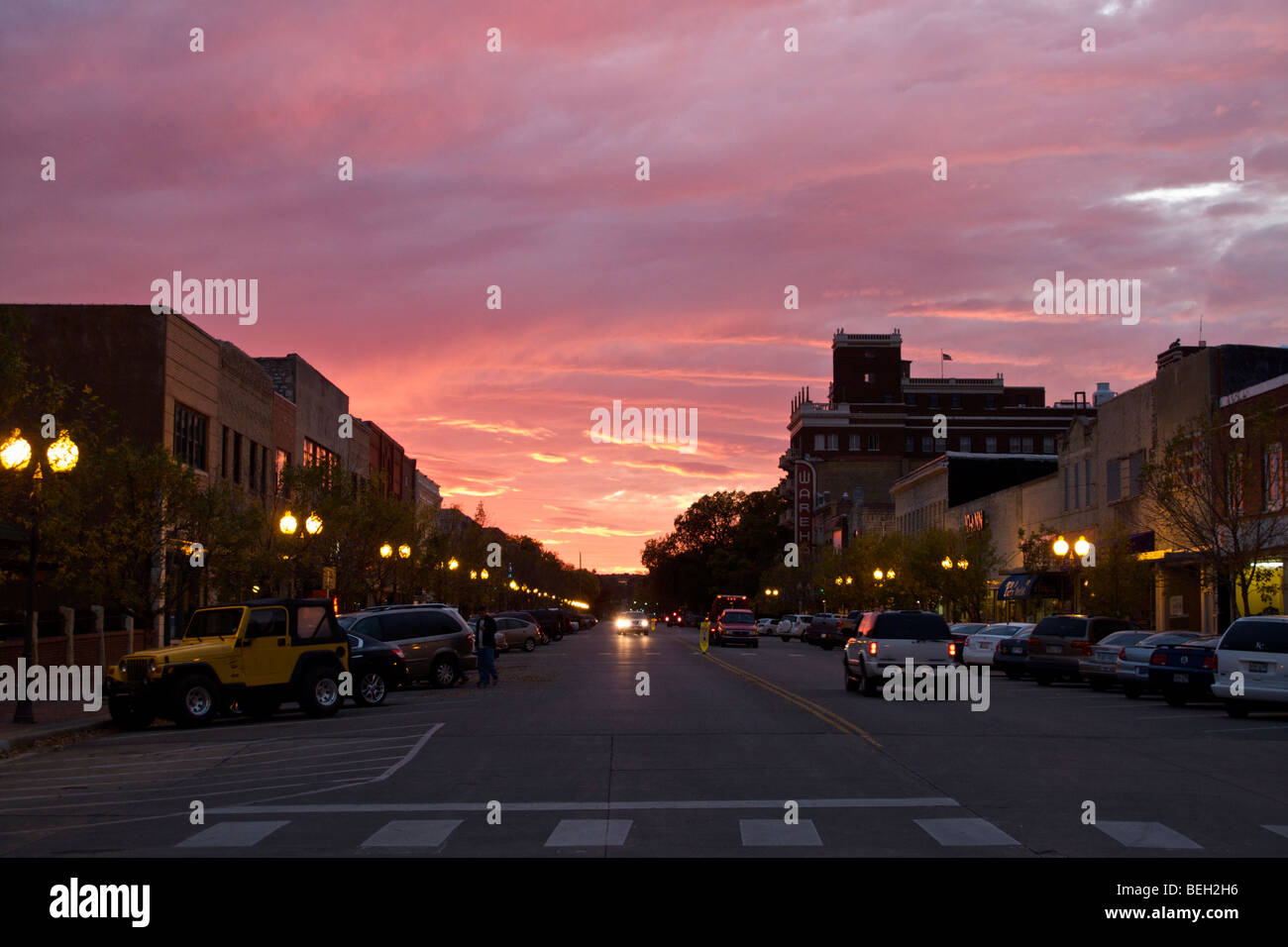 Sundown on Poyntz Avenue. Historic Downtown Manhattan, Kansas Stock