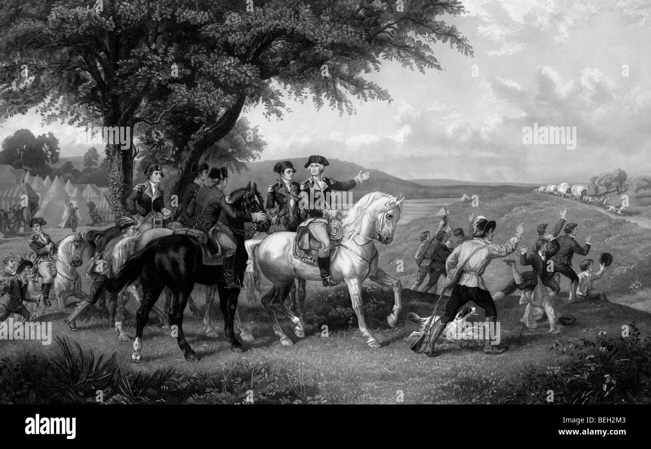 Washington, his officers and troops hailing a provision wagon train as it approaches their encampment. Stock Photo