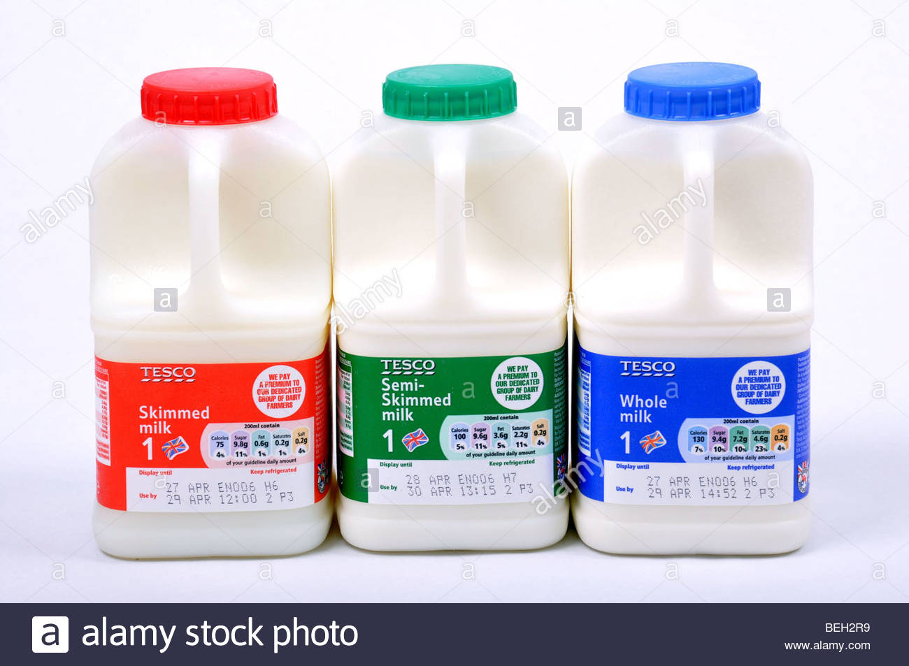 Fresh Milk, Skimmed, SemiSkimmed and whole milk in Tesco bottles Stock