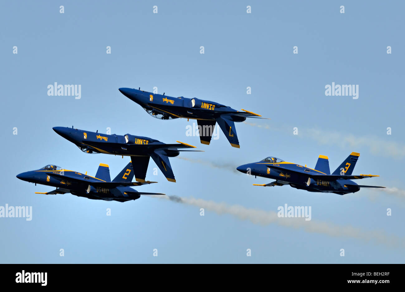 US Navy Blue Angels aerobatic team, F-18 Hornets performing aerobatic stunts. Stock Photo