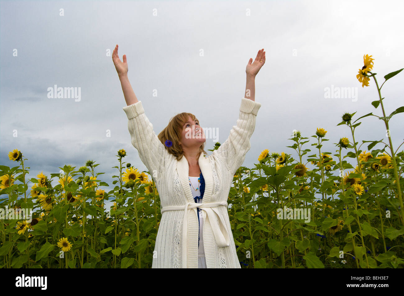 woman reaching for the sky Stock Photo