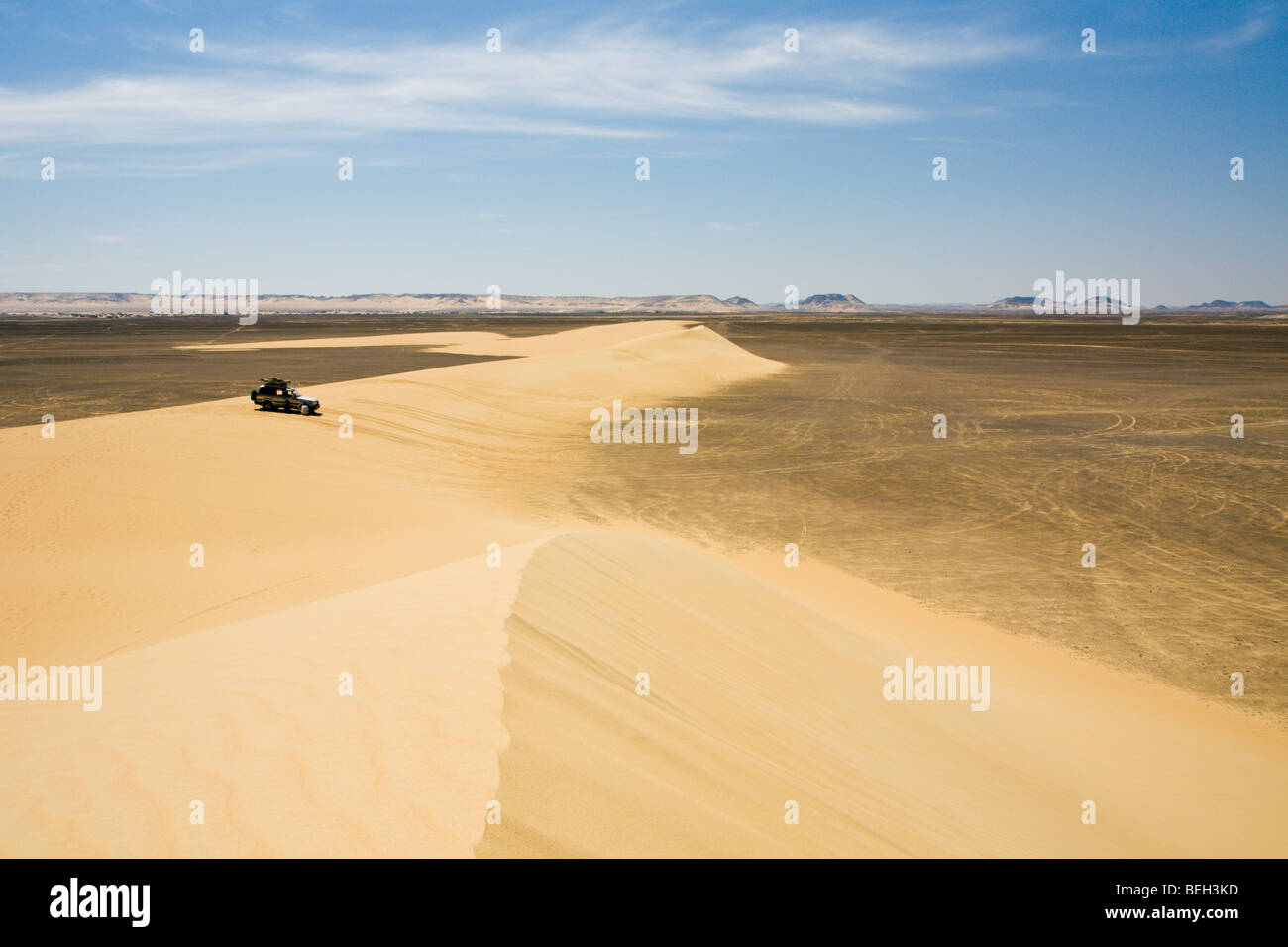 Jeep on Sand Dune, Libyan Desert, Egypt Stock Photo
