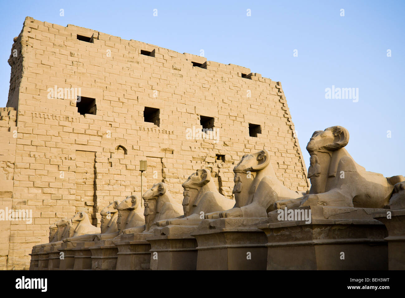 Karnak Temple with Alley of Ram Sphinxes, Luxor, Egypt Stock Photo