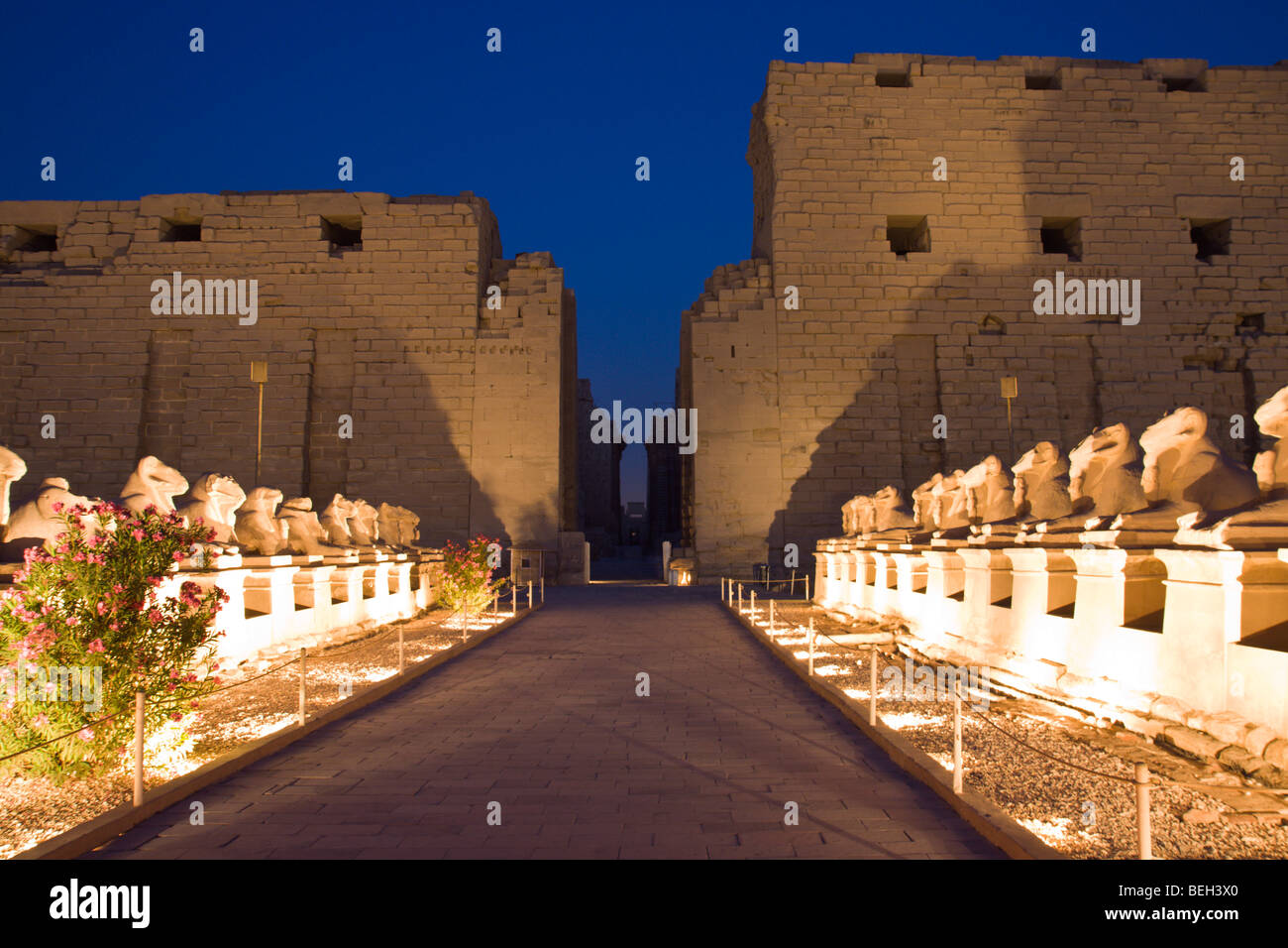 Karnak Temple with Alley of Ram Sphinxes by Night, Luxor, Egypt Stock Photo