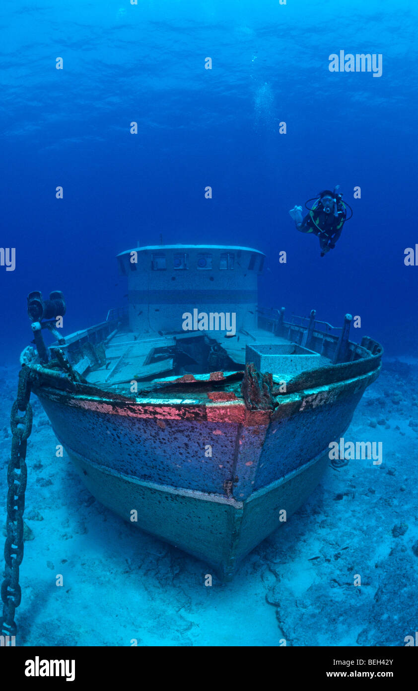 Diver and Wreck, Cocos Keeling Islands, Australia Stock Photo