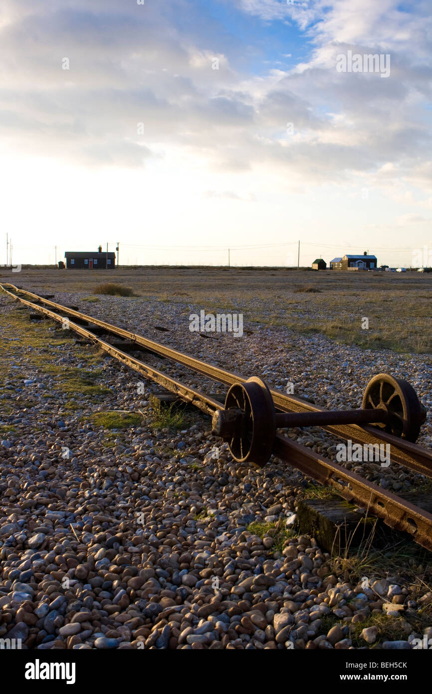 Railway tracks that lead to the now abandoned fishing huts on Dungeness Stock Photo