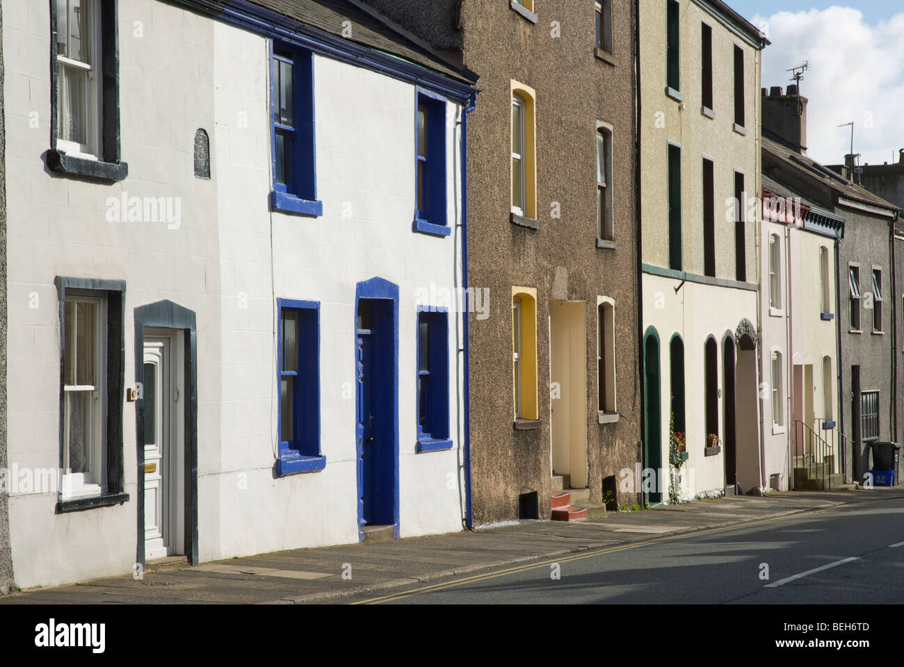 Pastelcoloured houses in Soutergate, Ulverston, Cumbria, England UK