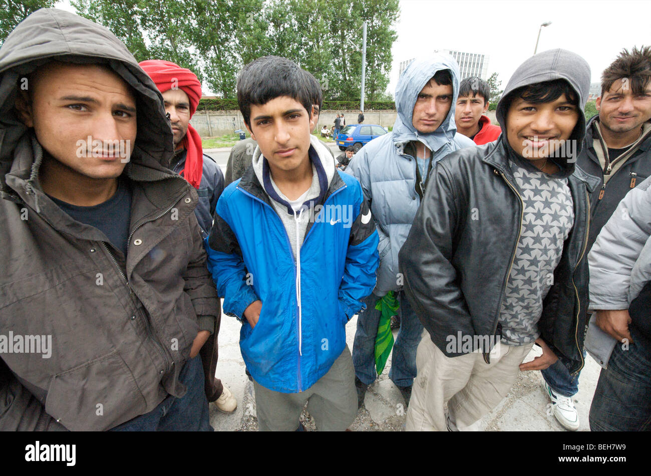 Calais, refugees hoping to reach the UK Stock Photo