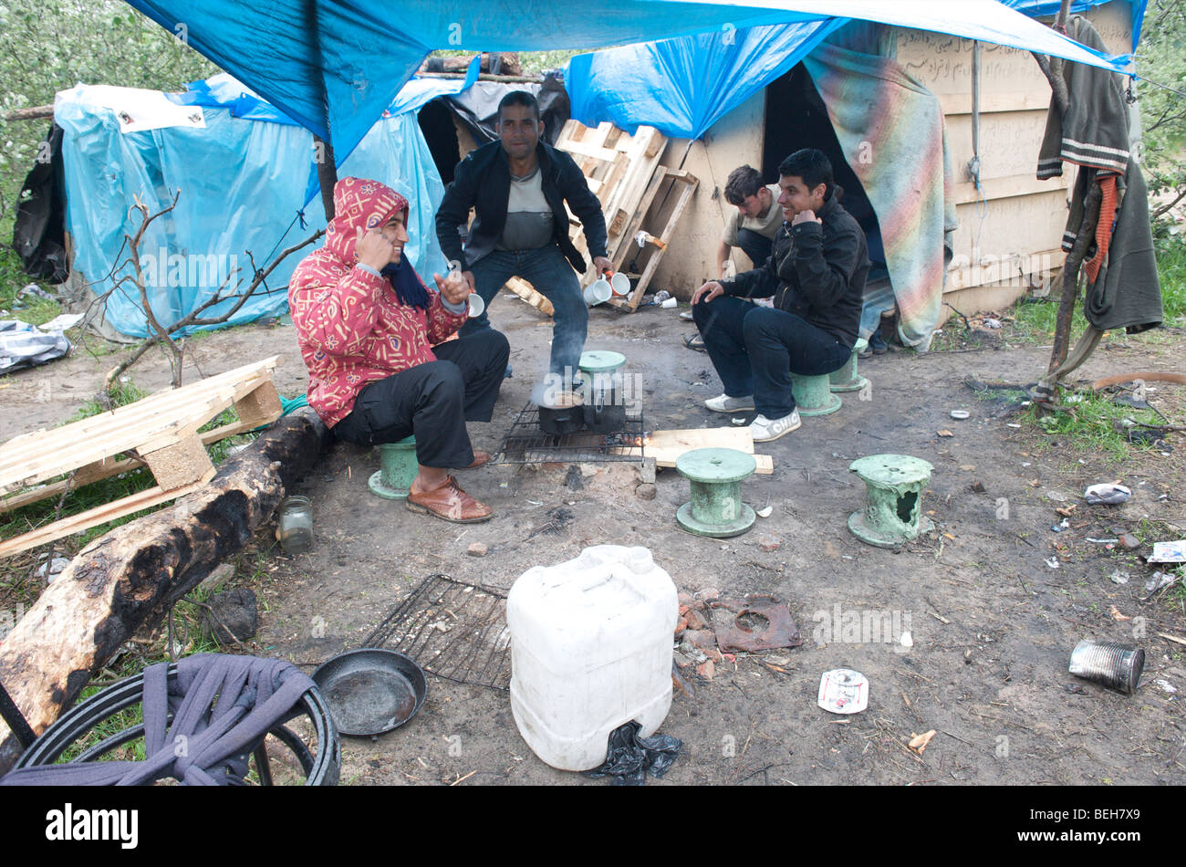 Calais, refugees hoping to reach the UK are in a clandestine squatter camp known as the jungle Stock Photo