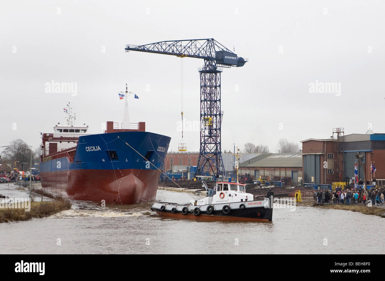 Construction of a ship at a shipyard has been completed and ready to use. Many of the shipyards in Groningen have been bankrupt. Stock Photo