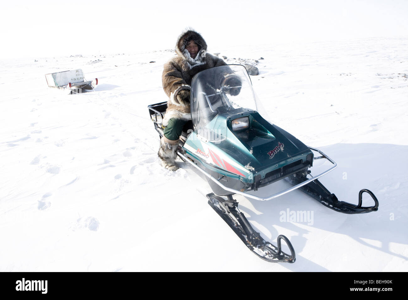 Gojahaven is a town in the far north of canada in 1000 where Inuits living. snow mobiles are the main transport on the North pol Stock Photo