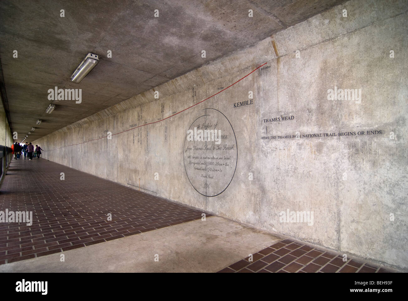Horizontal wide angle of the Thames Path National Trail mapped out on the wall of a tunnel at the Thames Flood Barrier in London Stock Photo