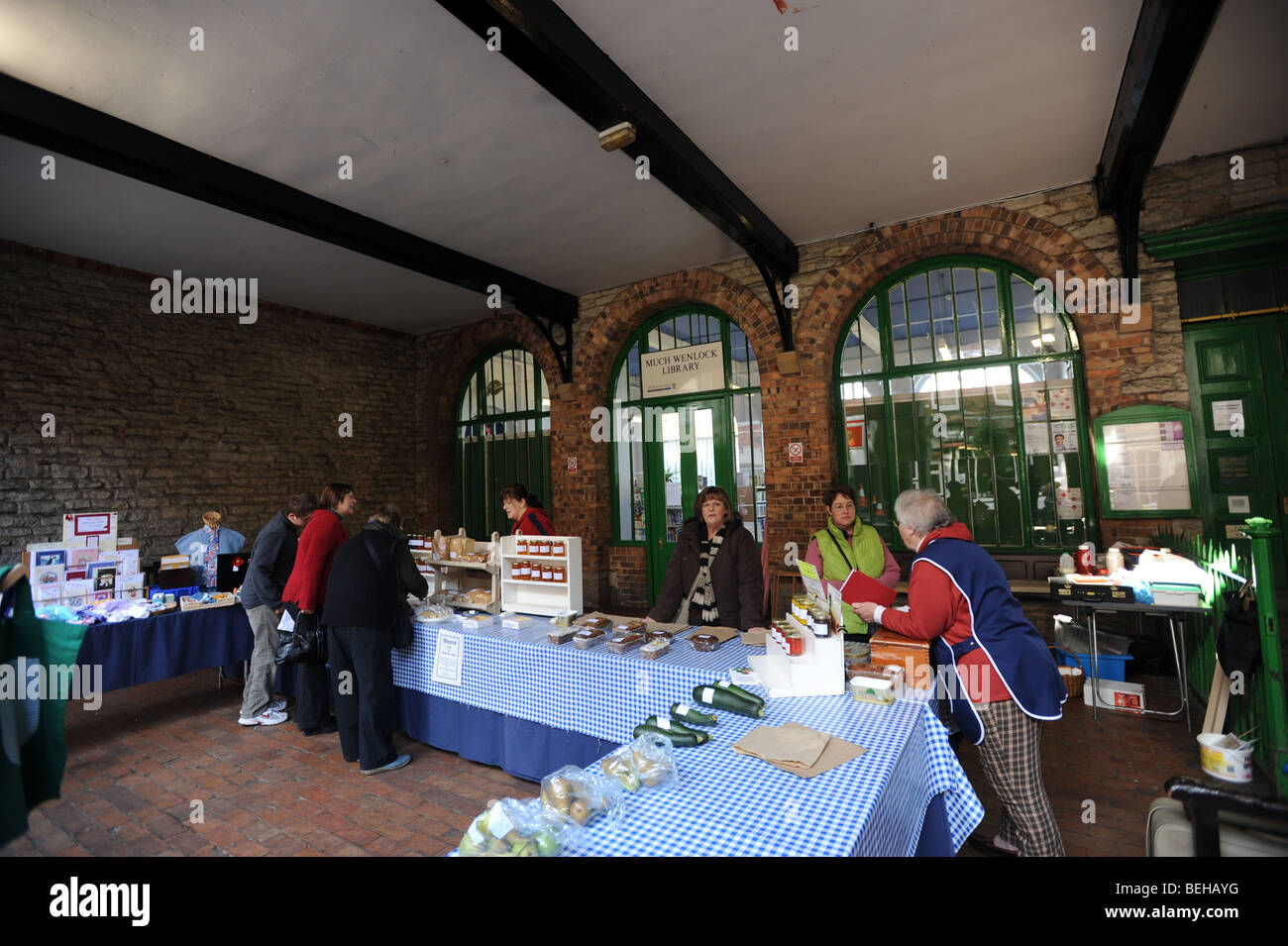 The market in the former Corn Market Much Wenlock in Shropshire England Uk Stock Photo