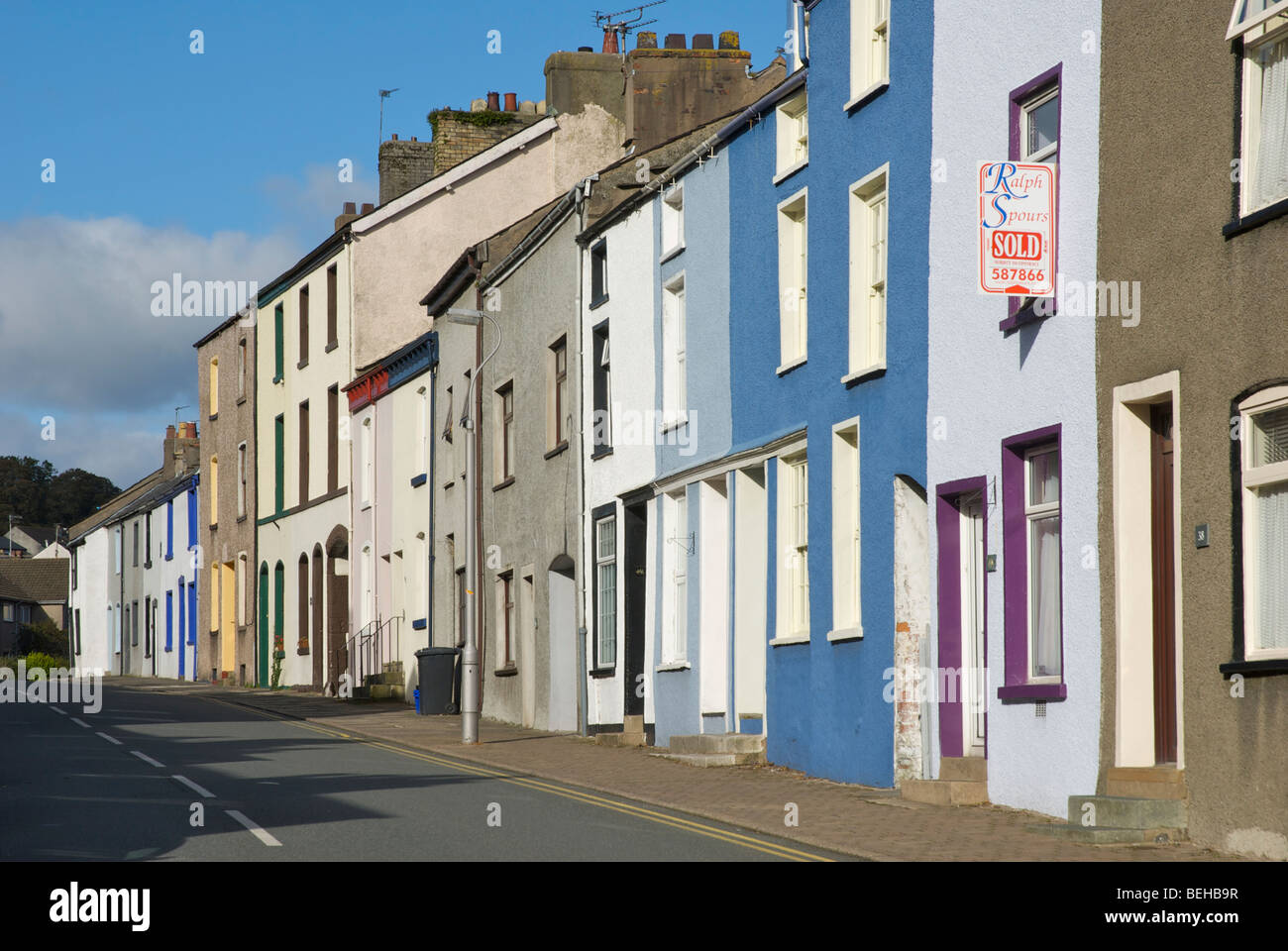 Pastelcoloured houses in Soutergate, Ulverston, Cumbria, England UK