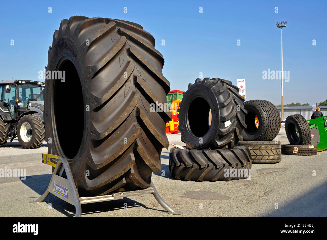 Tractor tyres on display at agriculture show. Stock Photo