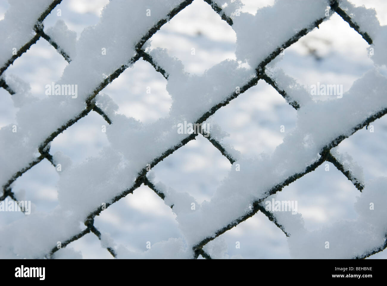 Snow built up on on a wire fence Stock Photo