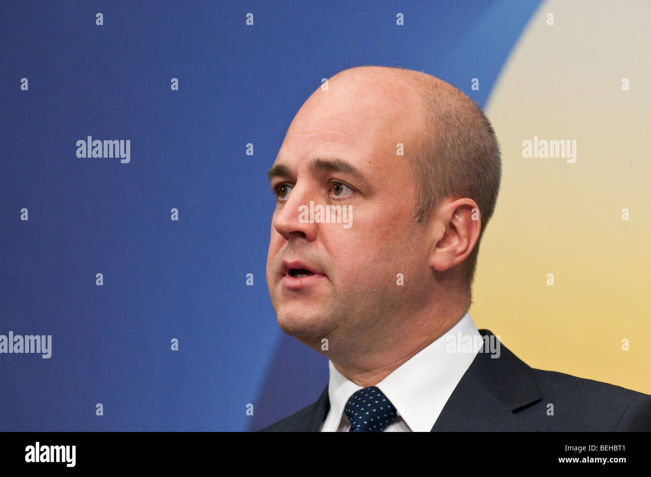 Swedens primeminister Mr Fredrik Reinfeldt conservative party at press conference in Stockholm Stock Photo