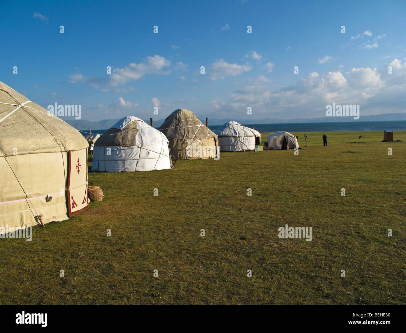 yurts near Son-Kul lake in the Tian Shan mountains in Central Kirgizstan Stock Photo