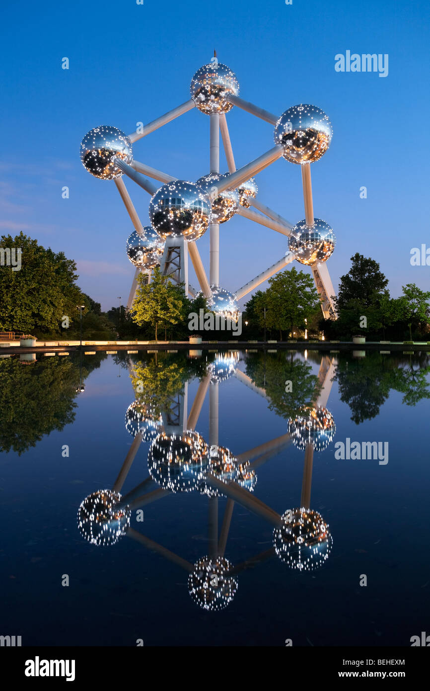 The Atomium in Heysel lit up at night. Stock Photo