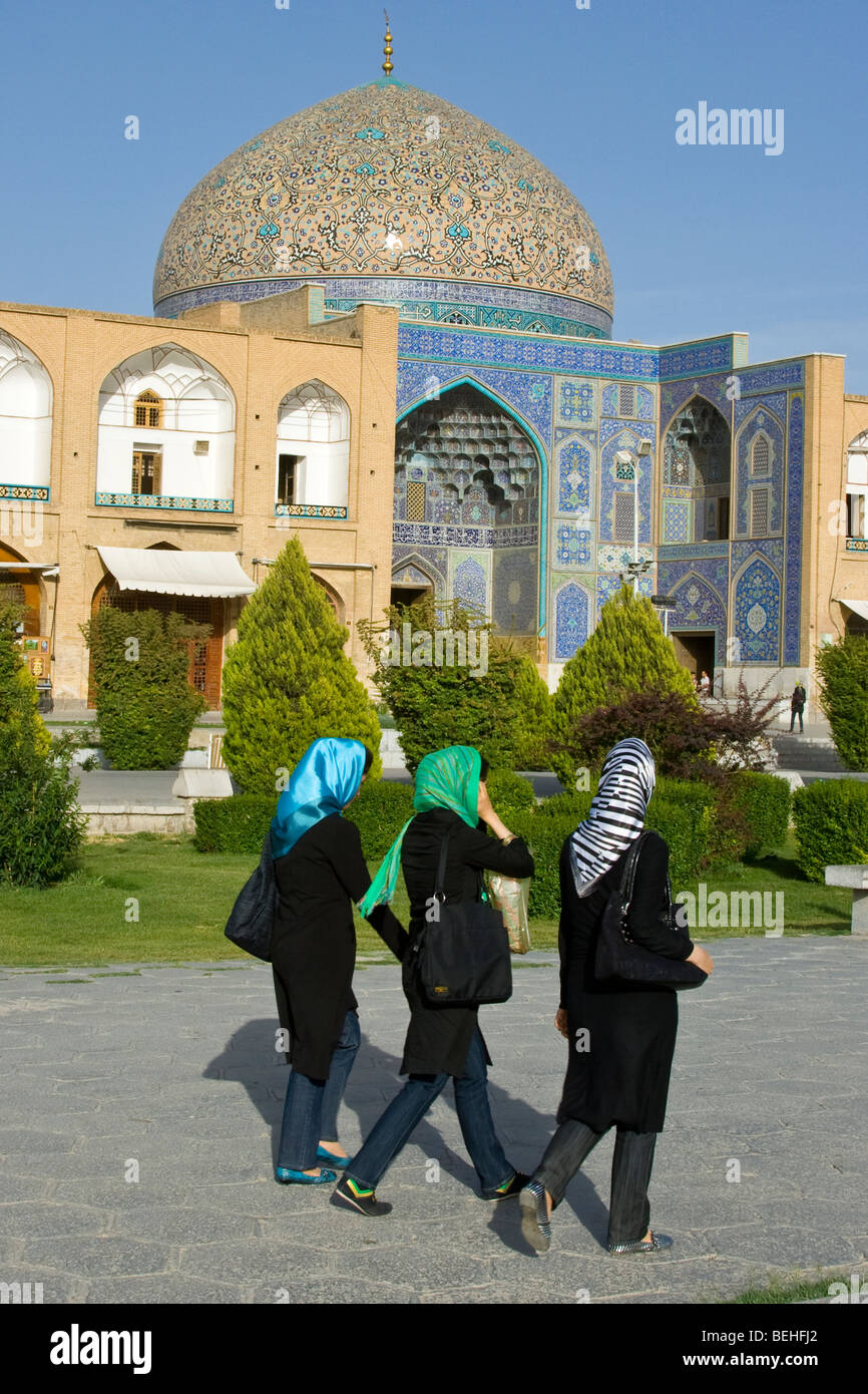Iranian Women in front of Sheikh Lotfollah Mosque in Imam Square in Esfahan Iran Stock Photo