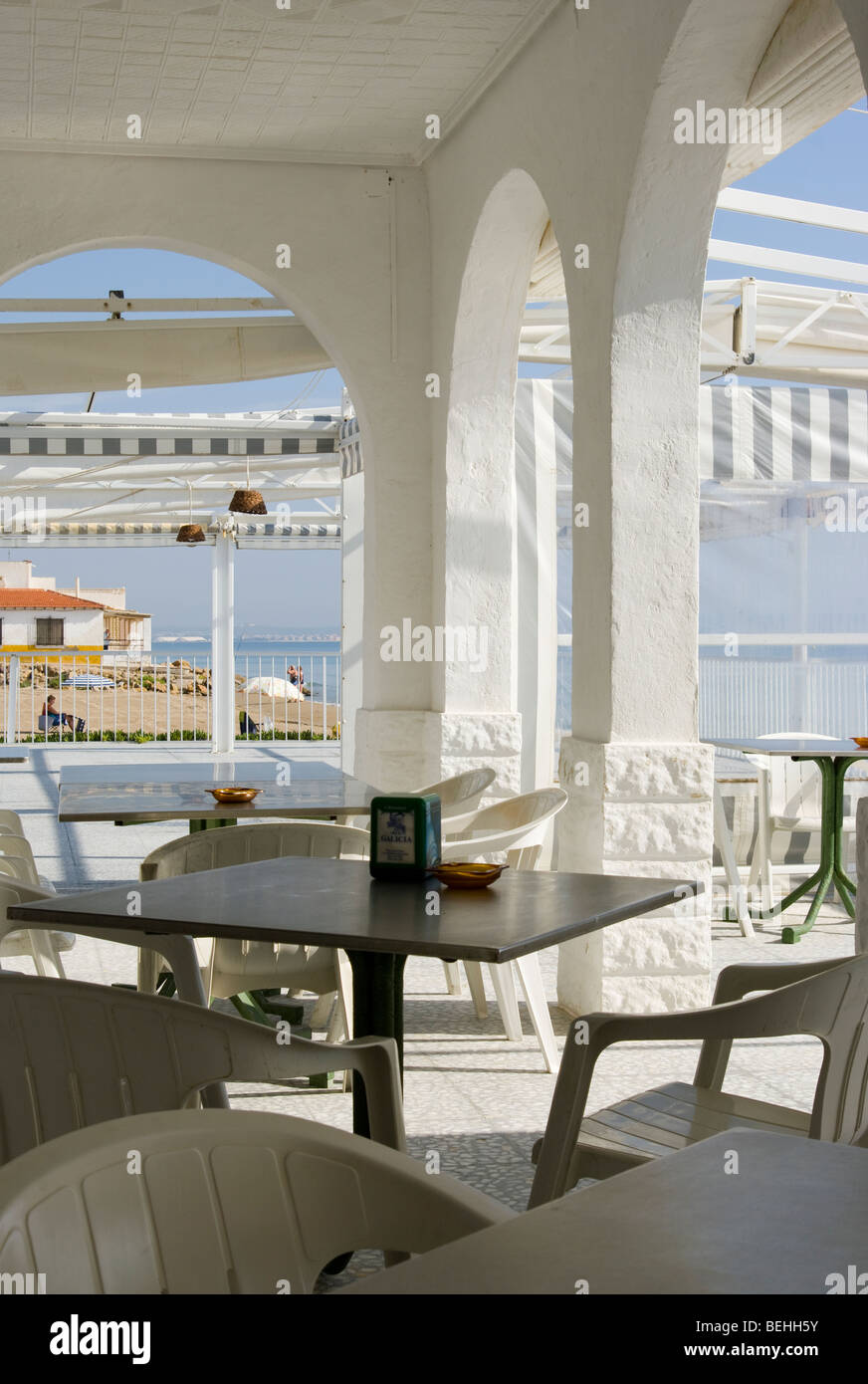 Restaurant Terrace Looking Out To The Beach Playa Del Pinet La Marina Spain Stock Photo