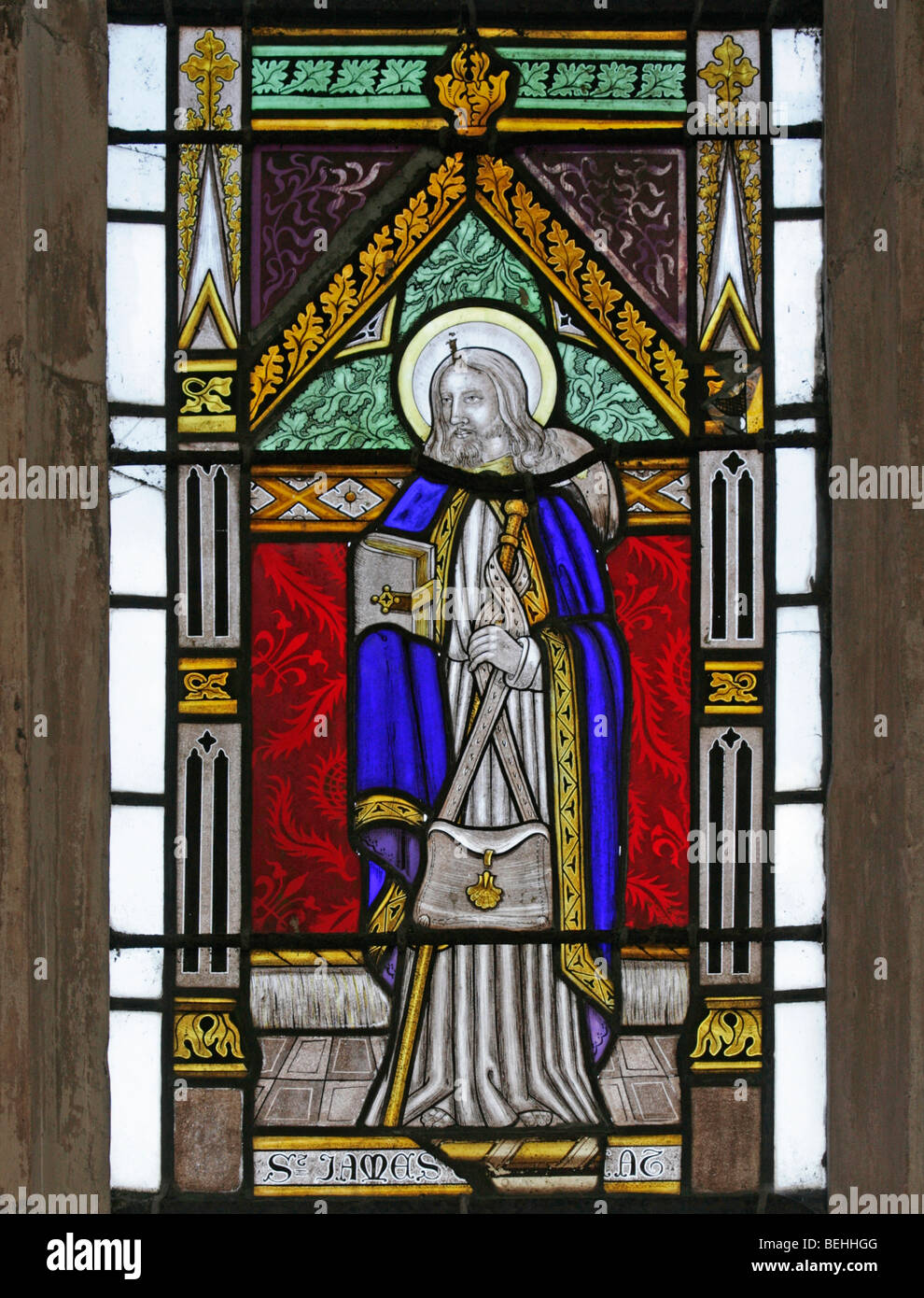 A stained glass window depicting St James the Greater as Pilgrim, All Saints Church, Wighton, Norfolk by Joseph Grant of Costessey Stock Photo