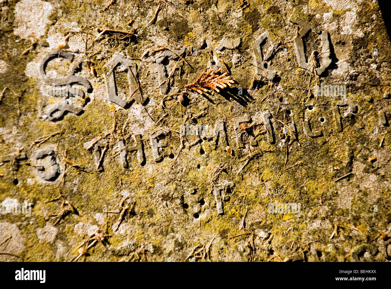 Inscription on an old tomb with letters missing saying 'Sacred To The Memory Of' Stock Photo