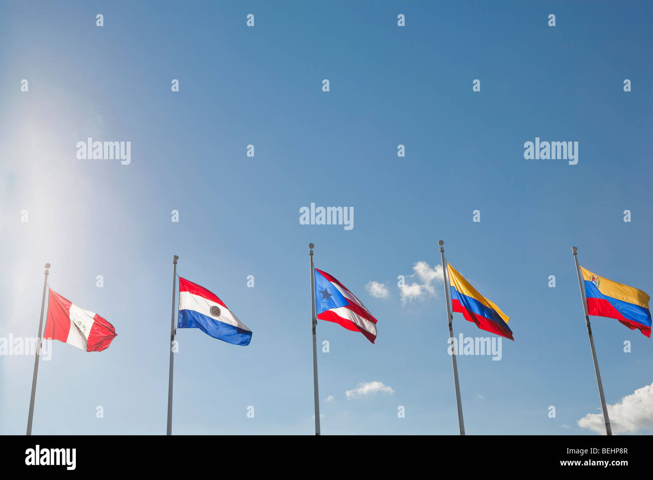 Low angle view of various national flags fluttering, Miami, Florida, USA Stock Photo