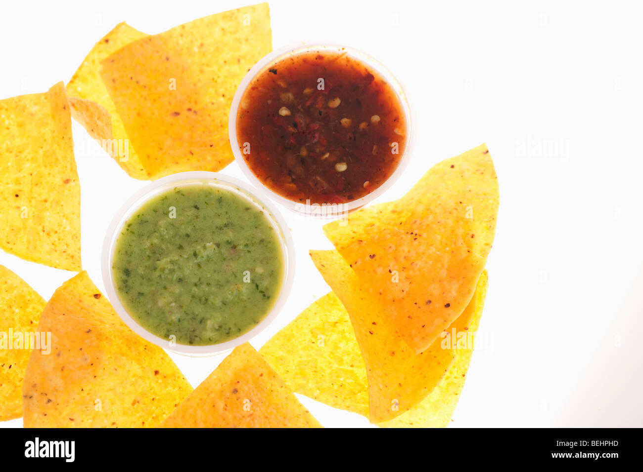 High angle view of nachos with guacamole and salsa Stock Photo
