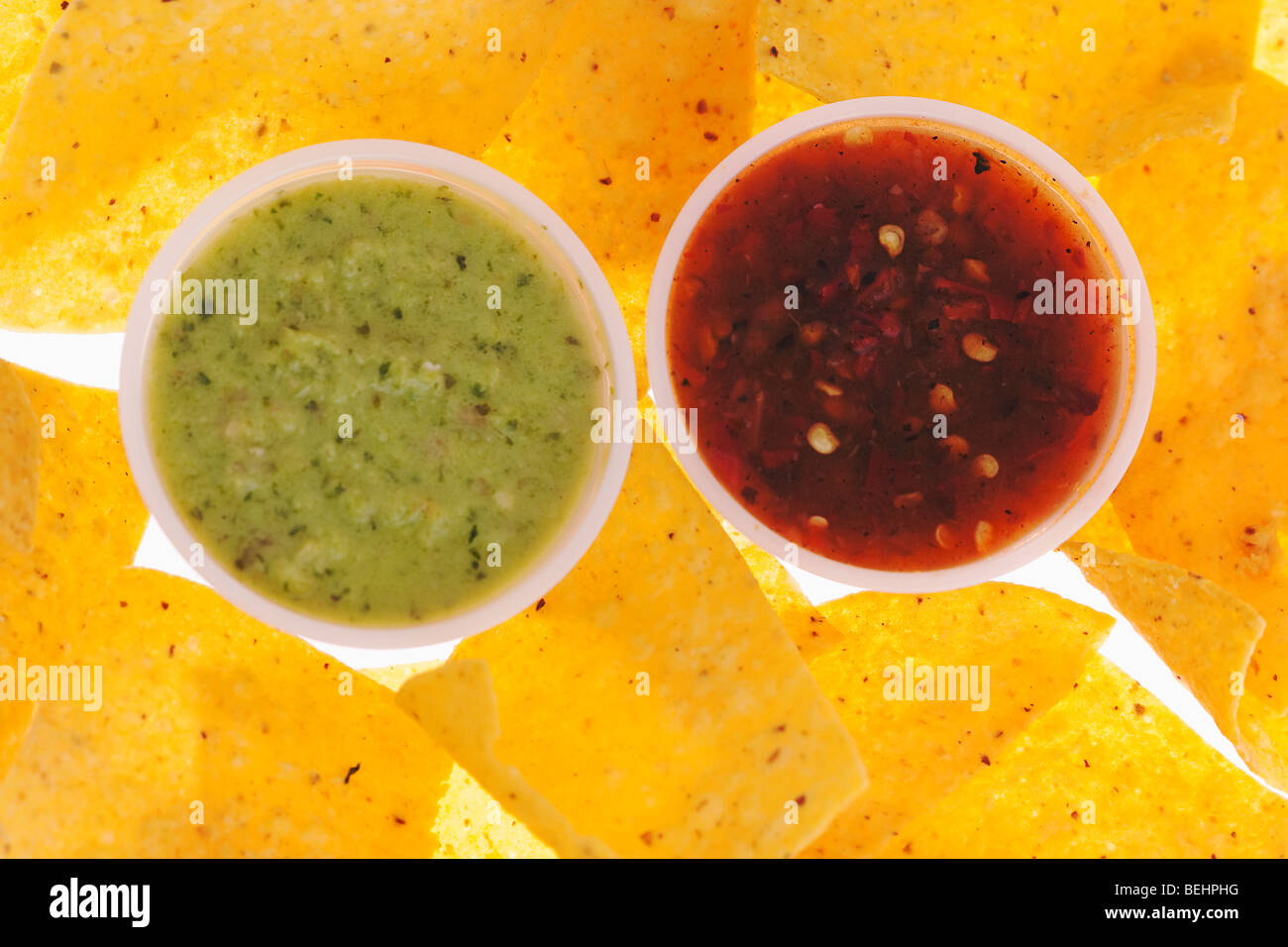 High angle view of nachos with guacamole and salsa Stock Photo