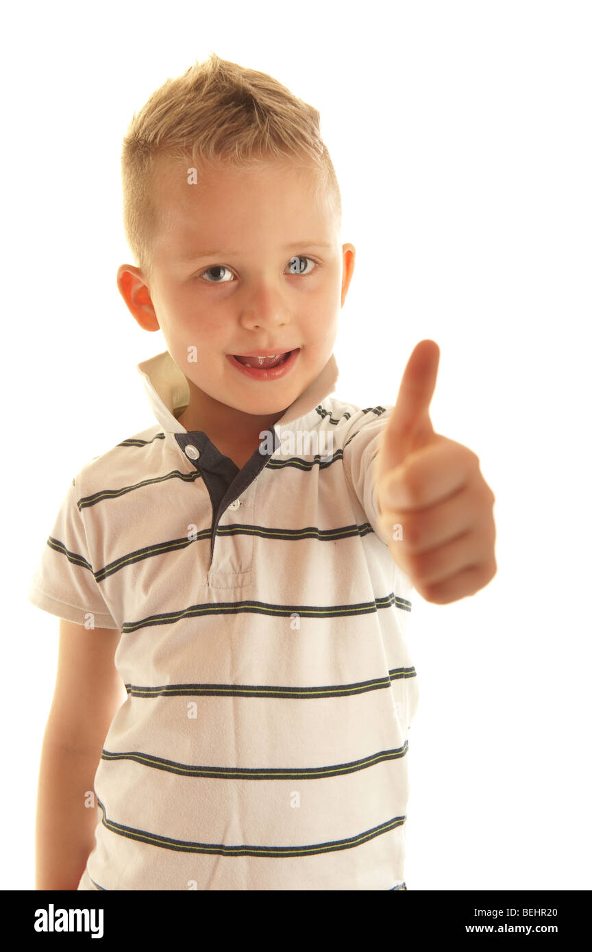 Portrait of happy child showing a thumbs up on white Stock Photo - Alamy