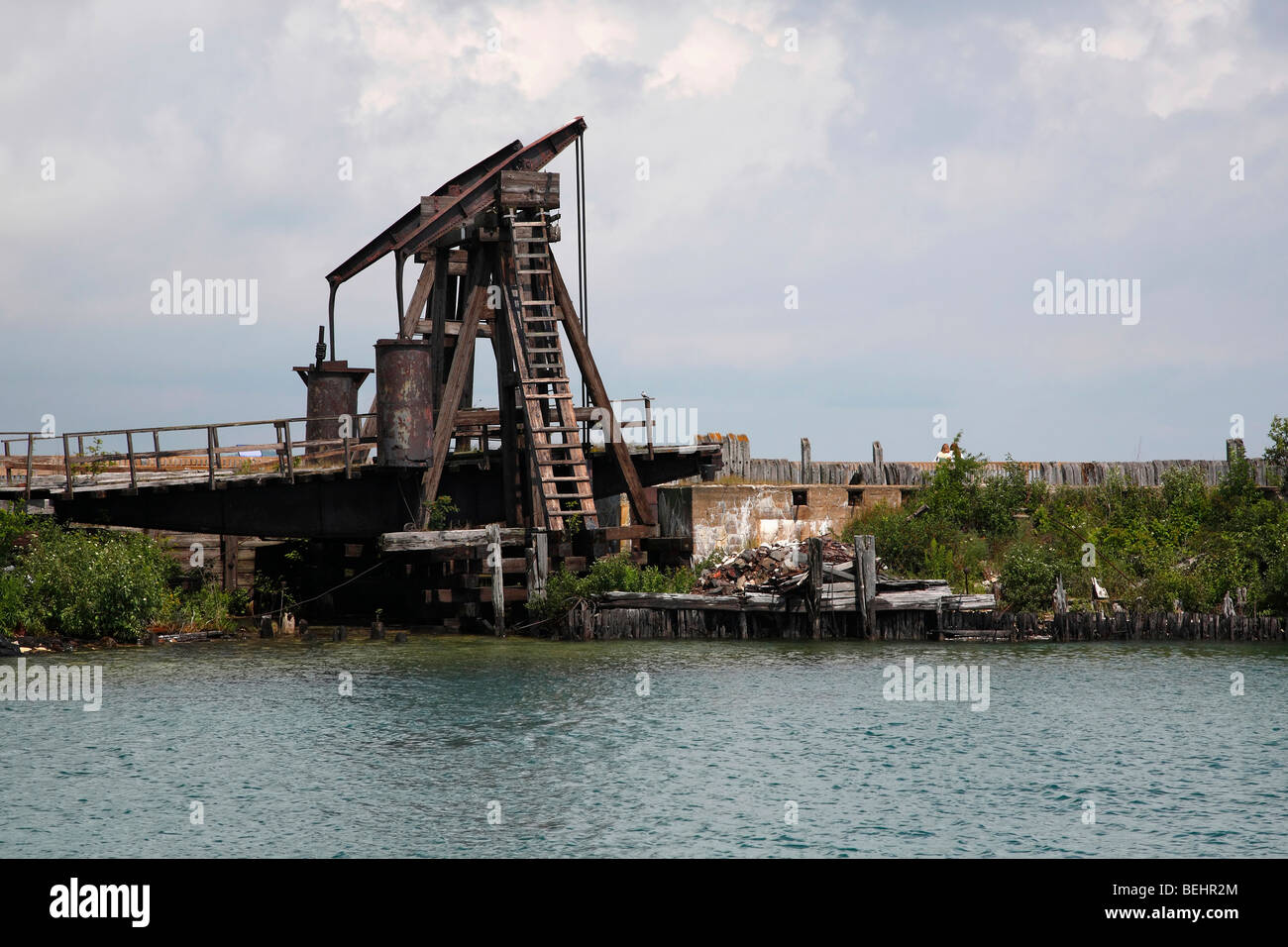 Historic Railroad Dock on Lake Huron in Saint Ignace Michigan Great Lakes nobody none hi-res Stock Photo