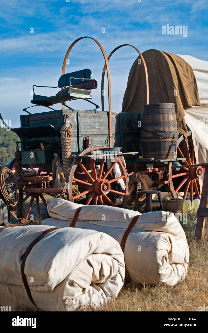 Bedrolls are packed up in anticipation of the annual Cowboy symposium chuck wagon cook-off held in Ruidoso Downs, New Mexico. Stock Photo
