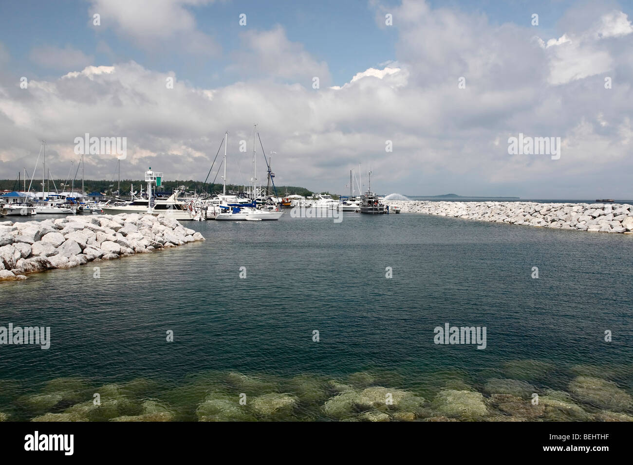 Marina in St.Ignace Michigan Lake Huron in USA low angle no not people